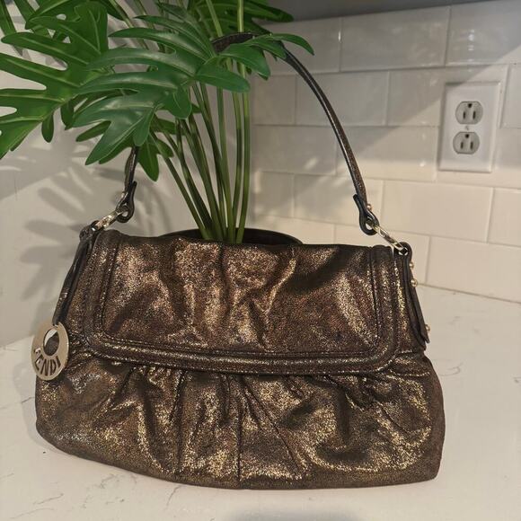 Fendi Handbags - Fendi Metallic Bronze Leather Baguette Shoulder Bag Suede Interior Authentic COA